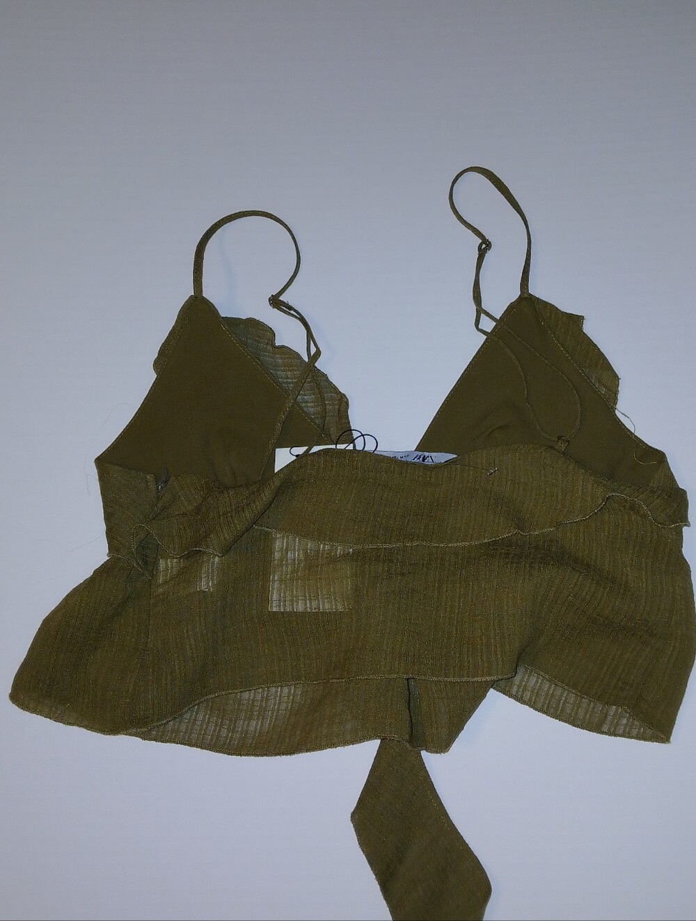 Zara Ruffled Deep V-Neck Tie Front Camisole, Semi Sheer, Olive - Picture 4 of 8